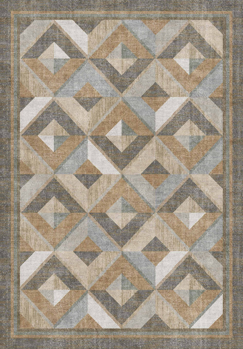 Load image 1 in gallery view. Grey, tan, and cream rug featuring a repeating geometric diamond pattern with a distressed texture and bordered edge.