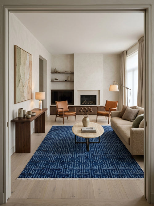 Load image 1 in gallery view. Deep blue rug with a white geometric Greek key pattern, styled in a neutral modern living room.