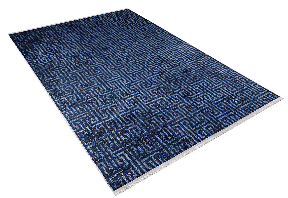 The Art Deco Elegance - Washable Rug - JR1224 (Custom Size) features a blue and black geometric maze pattern, white fringes on the short edges, and is ideal for high-traffic areas. Displayed on a white background.