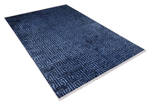 Load image 1 in gallery view. The Art Deco Elegance - Washable Rug - JR1224 (Custom Size) features a blue and black geometric maze pattern, white fringes on the short edges, and is ideal for high-traffic areas. Displayed on a white background.