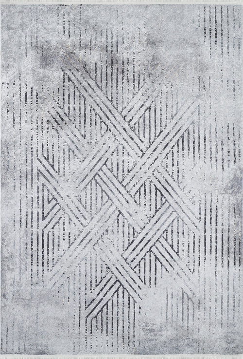 Load image 1 in gallery view. The Art Deco Empress - Washable Rug - JR1867 (Custom Size) features a modern geometric design with intersecting dark gray lines in diamond and star patterns on a light gray, soft, subtly gradient background—perfect for any contemporary space.