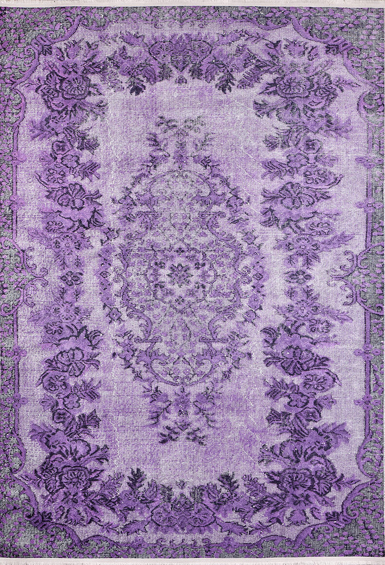 The Artisan Tapestry - Washable Rug - JR176 (Custom Size) features an ornate purple and lavender floral scroll pattern with a central medallion and decorative borders. Vintage elegance meets practicality—ideal for high-traffic areas and easy to clean.