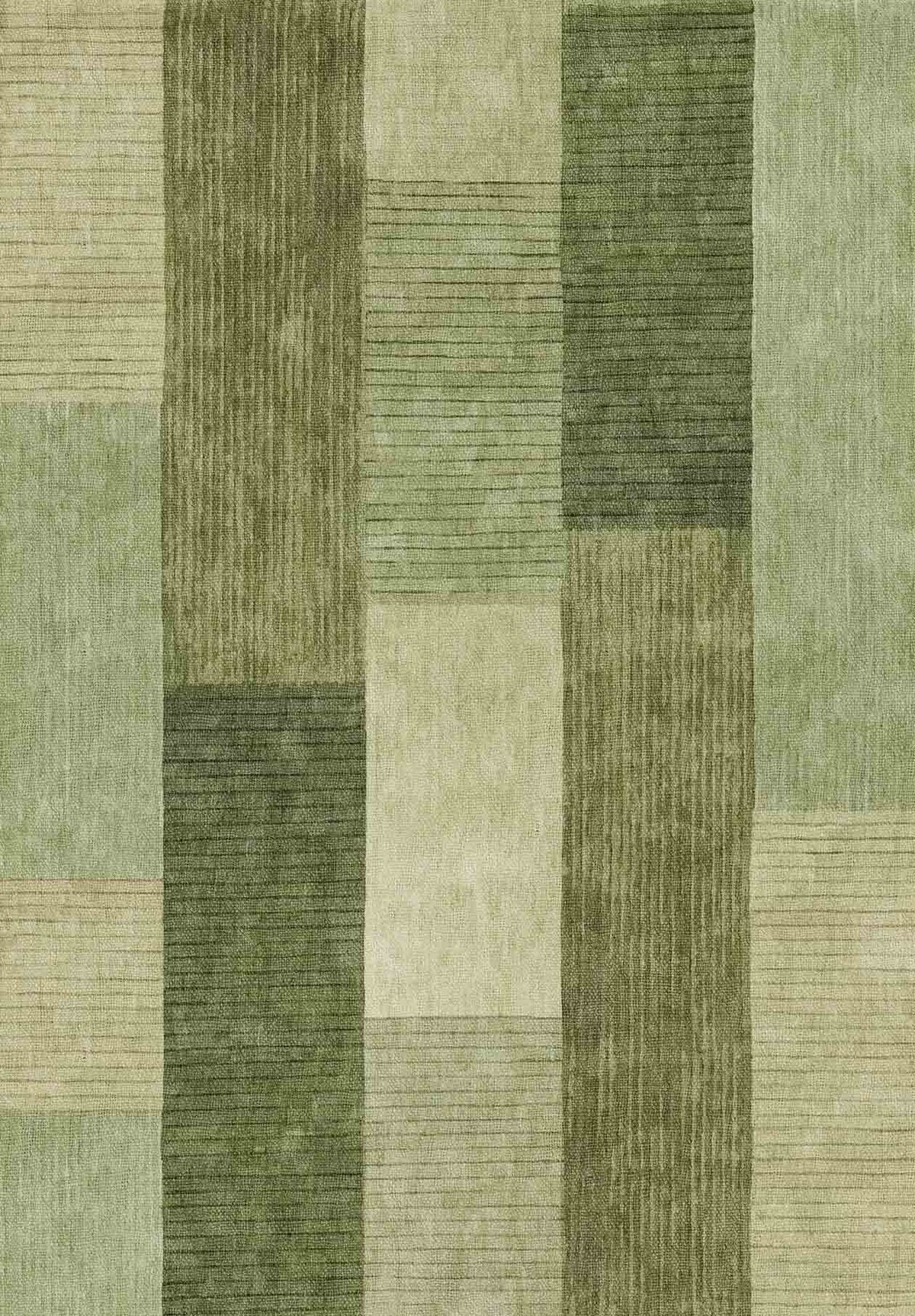 The Artisanal Essence - Washable Rug - JRN32 features a geometric patchwork design in green and beige with stripes and color blocks in a grid layout, making it perfect for high-traffic areas.