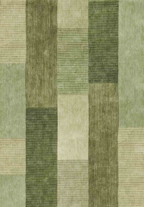 Bild 1 in Galerieansicht laden. The Artisanal Essence - Washable Rug - JRN32 features a geometric patchwork design in green and beige with stripes and color blocks in a grid layout, making it perfect for high-traffic areas.