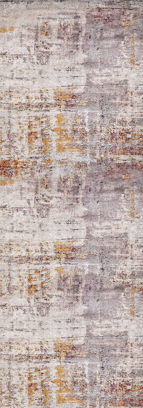 Load image 1 in gallery view. The Artistic Abstraction - Washable Rug - JR775 features an allergy-friendly, textured surface with an abstract distressed pattern in gray, beige, gold, and rust tones, showcasing horizontal and vertical brushstroke designs.