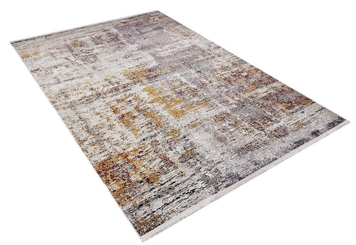 Load image 1 in gallery view. The Artistic Abstraction - Washable Rug - JR775 (Custom Size) features a rectangular, flat weave with an abstract distressed pattern in gray, yellow, and brown. Displayed on a white background, it's stylish and practical for any home.