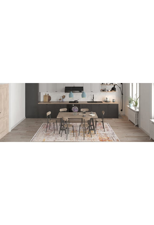 Load image 1 in gallery view. Modern kitchen and dining area featuring a large wooden table with six chairs, pendant lights, dark lower cabinets, white upper cabinets, a flower vase centerpiece, and the Artistic Abstraction - Washable Rug - JR775 (Custom Size).