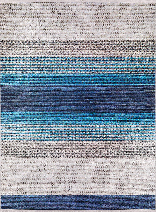 Load image 1 in gallery view. The Artistic Angles - Washable Rug - JR908 (Custom Size) is a rectangular flat weave rug with horizontal stripes in blue, turquoise, and gray, featuring woven textures and a light gray diamond pattern in the background.