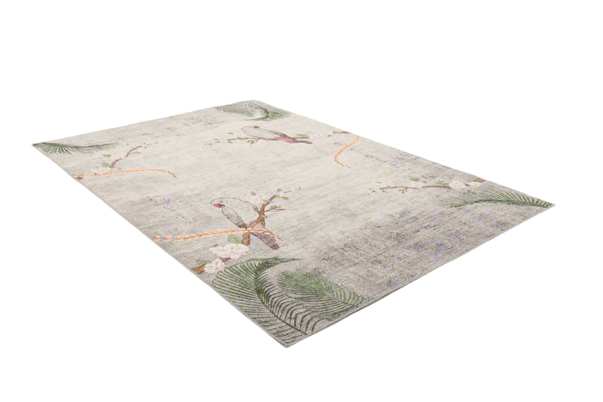 The Ashwing Silence - Washable Rug - JR0048 features a light gray background with subtle green leaves, branches, and birds, offering a modern botanical touch and nature-inspired style to any space.