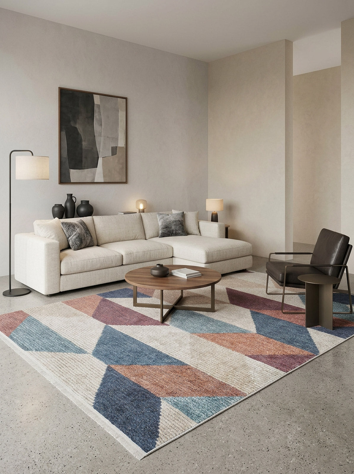 Multi-colored geometric rug with blue, terracotta, and cream diamond patterns, styled in a modern living room.