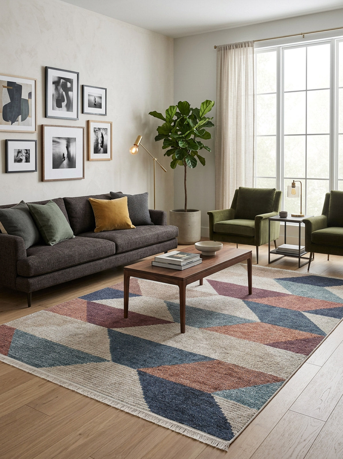 Multi-colored geometric rug with blue, rust, and cream diamond patterns, styled in a modern living room.