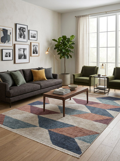 Load image 1 in gallery view. Multi-colored geometric rug with blue, rust, and cream diamond patterns, styled in a modern living room.
