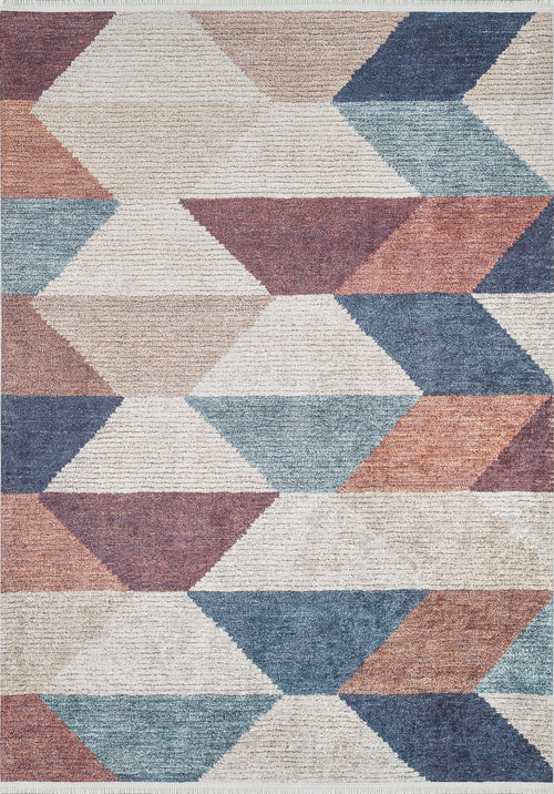 Load image 1 in gallery view. The Asymmetrical Wonder - Washable Rug - JR1725 (Custom Size) features interlocking triangles in blue, rust, beige, and cream—a modern, washable design ideal for allergy-sensitive homes and high-traffic spaces.