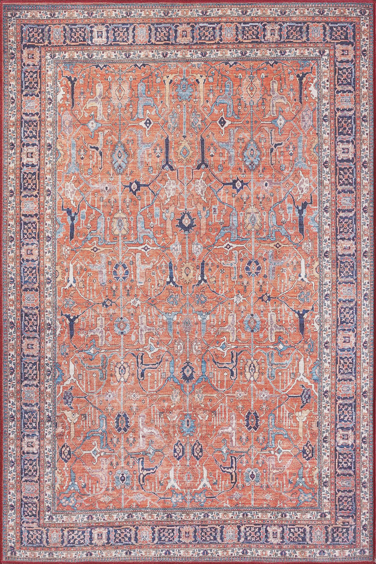 The Aurelius Coral Washable Rug (LCC3005) features intricate Persian-inspired geometric and floral patterns in rust orange, blue, and cream, framed by ornate blue and beige borders—ideal for high-traffic areas and easy to clean.
