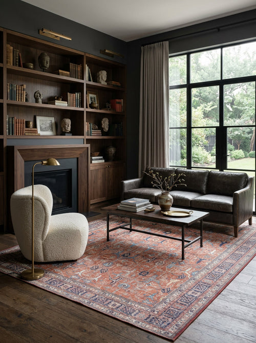 Load image 1 in gallery view. Terracotta and blue traditional Persian-style rug with a distressed border, styled in a dark wood library living room.