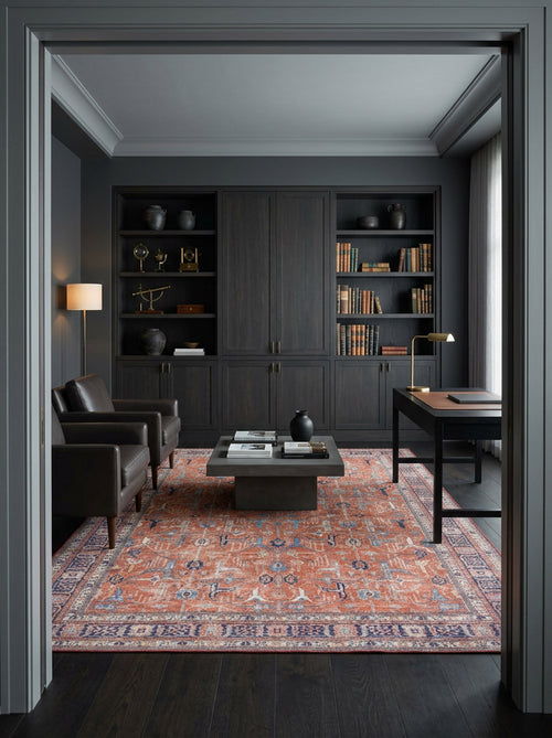 Load image 1 in gallery view. Terracotta and blue traditional Persian-style rug with a distressed finish, styled in a dark, modern home office.