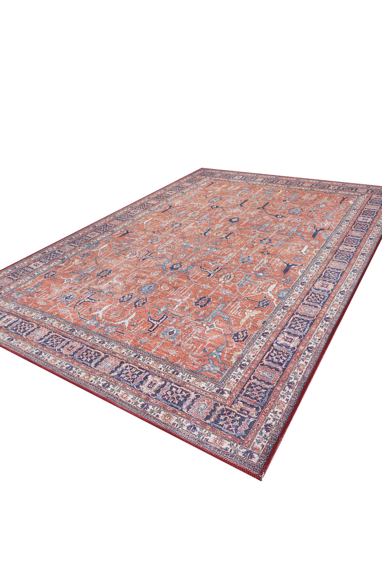 The Aurelius Coral Washable Rug - LCC3005 is a large rectangular flat weave rug featuring an intricate blue, red, and beige pattern with a detailed border, ideal for high-traffic areas and shown laid flat on a white background.