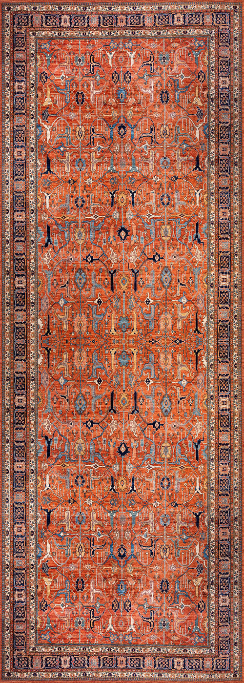 Load image 1 in gallery view. The Aurelius Coral Washable Rug - LCC3005 is a rectangular flat weave featuring an intricate geometric pattern in red, blue, and beige. Durable and ideal for high-traffic areas, it displays repeating motifs framed by decorative borders.