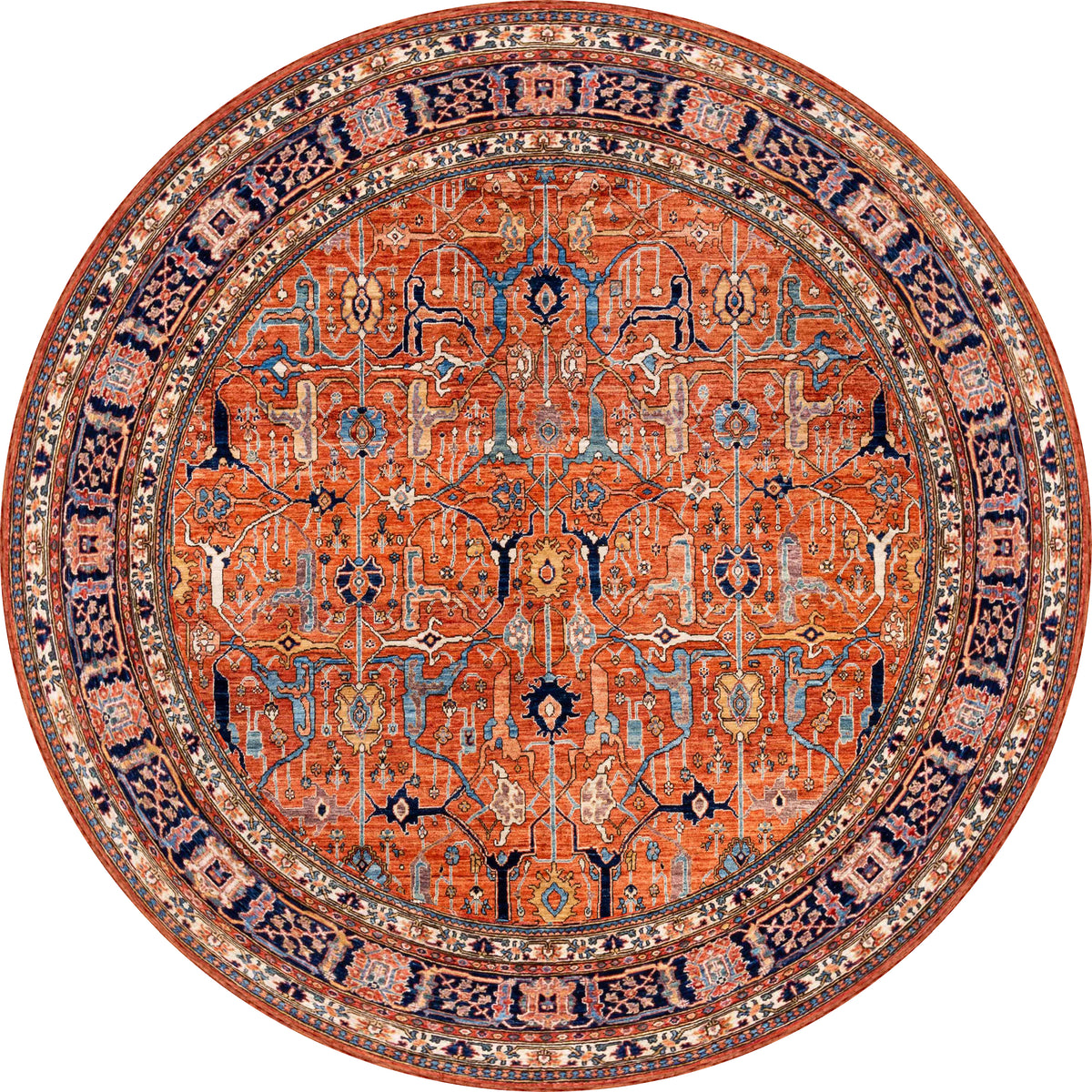 The Aurelius Coral Washable Rug - LCC3005 is a round, ornate Persian flat weave with an intricate geometric and floral pattern in red, blue, white, and gold—durable for high-traffic areas with a decorative symmetrical border.