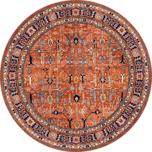 Load image 1 in gallery view. The Aurelius Coral Washable Rug - LCC3005 is a round, ornate Persian flat weave with an intricate geometric and floral pattern in red, blue, white, and gold—durable for high-traffic areas with a decorative symmetrical border.