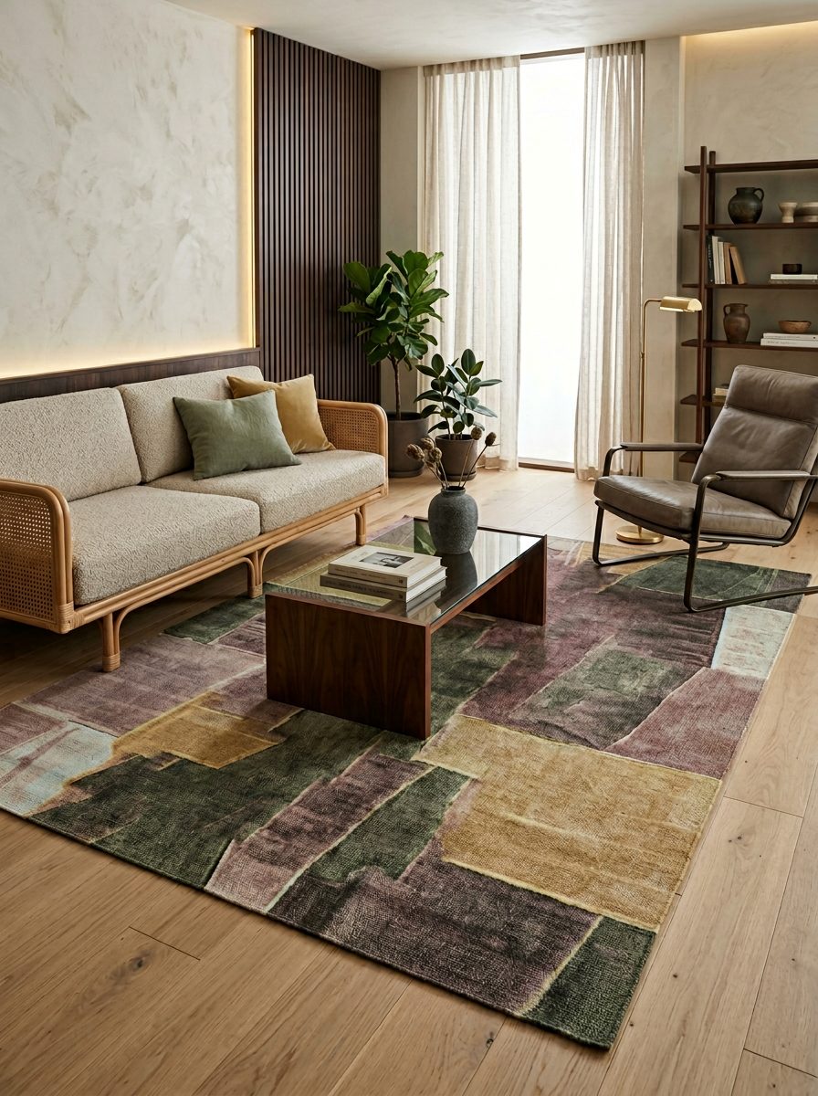 Multicolor patchwork rug with muted tones of green, plum, and gold, styled in a modern living room.