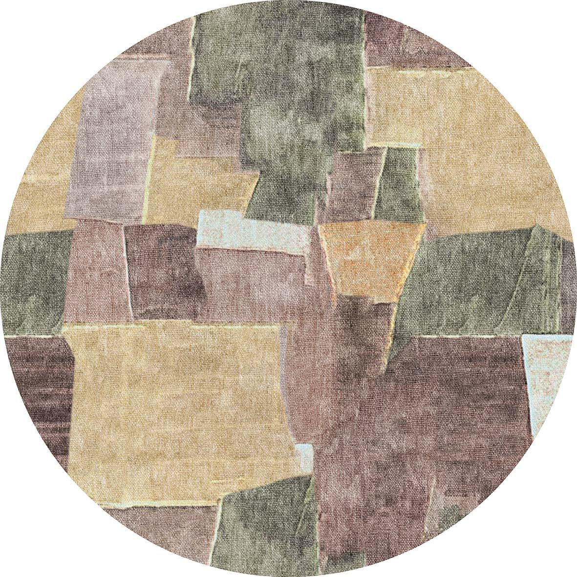 Round rug with an abstract geometric patchwork pattern in shades of olive green, tan, mauve, and cream.
