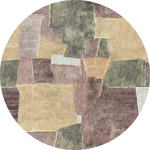 Load image 1 in gallery view. Round rug with an abstract geometric patchwork pattern in shades of olive green, tan, mauve, and cream.