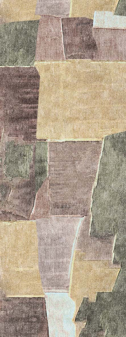 Load image 1 in gallery view. Textured rug with an abstract geometric block pattern in shades of olive green, tan, mauve, and cream.