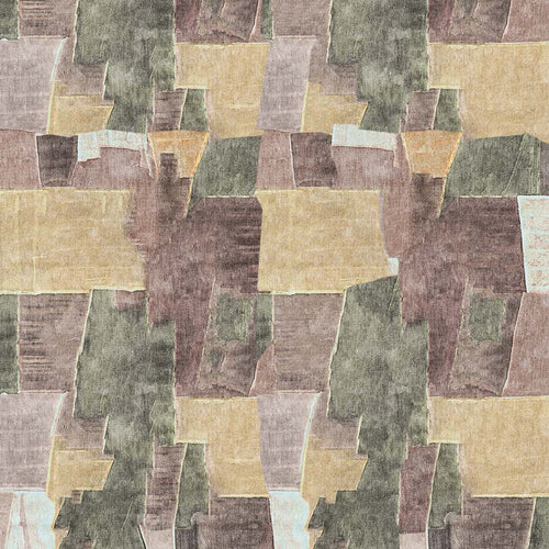 Load image 1 in gallery view. Abstract rug with a patchwork pattern in muted tones of olive green, tan, and mauve.