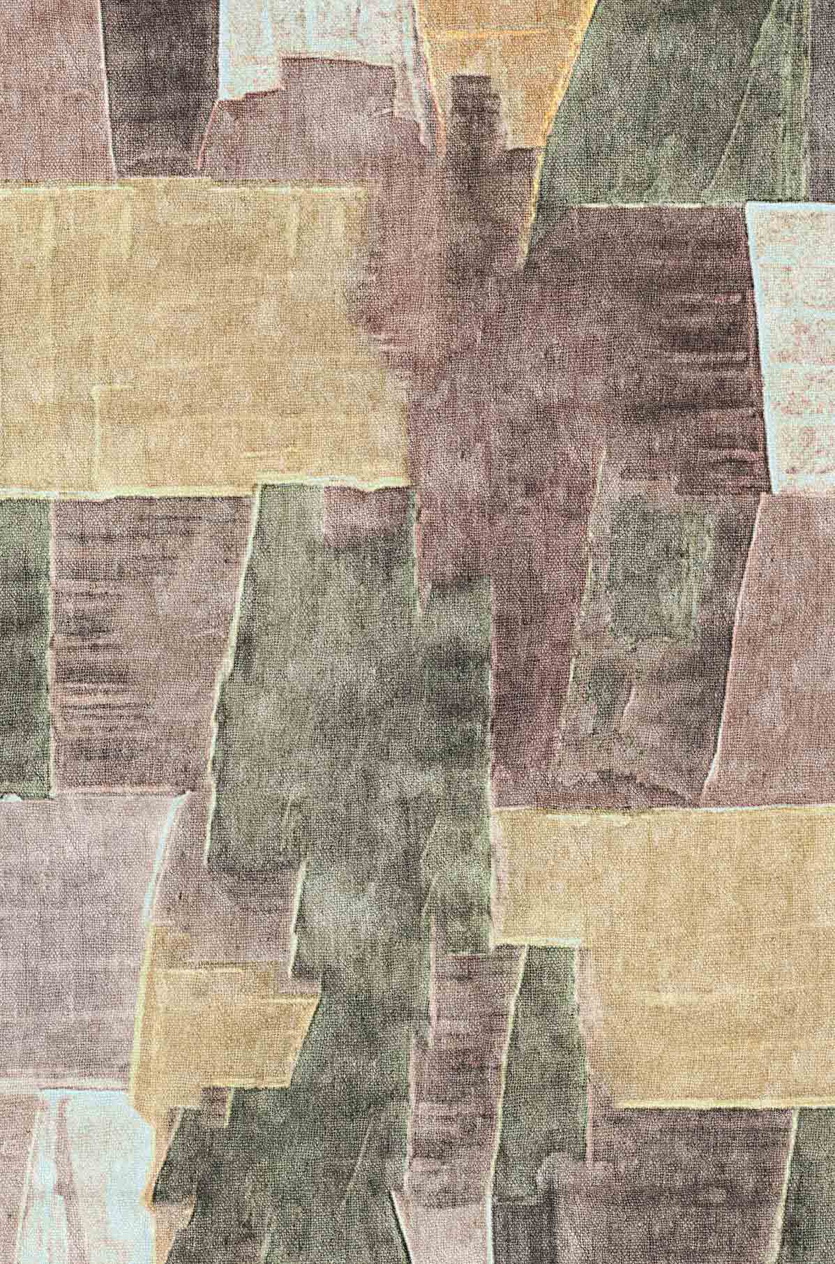Abstract rug with a patchwork of overlapping rectangular shapes in shades of brown, olive green, tan, and cream.