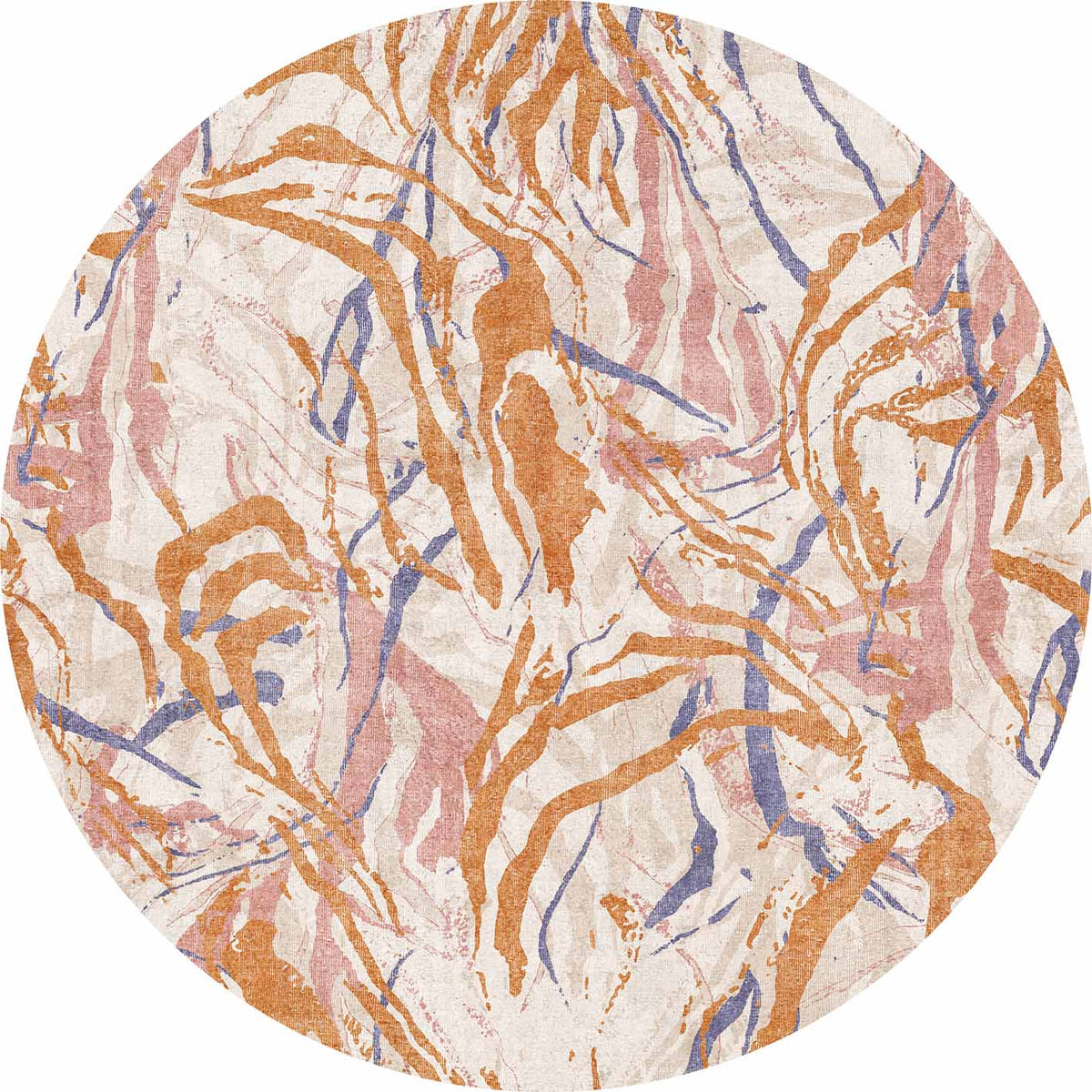 Round rug with an abstract, marbled pattern in shades of burnt orange, dusty pink, and blue on a cream background.