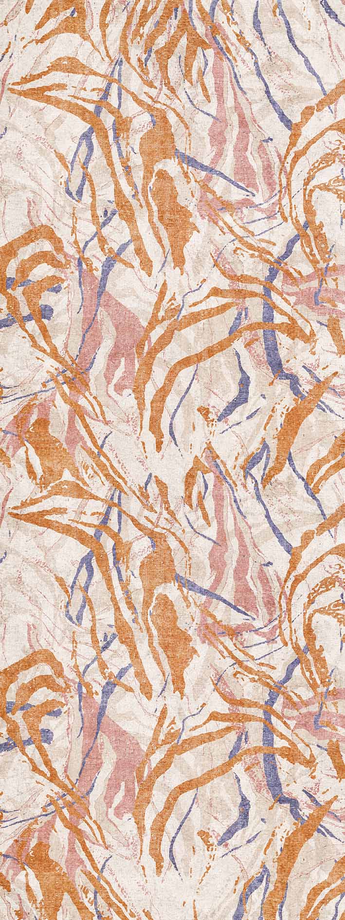 Cream rug with an abstract, multi-colored marbled pattern in shades of burnt orange, dusty pink, and slate blue.