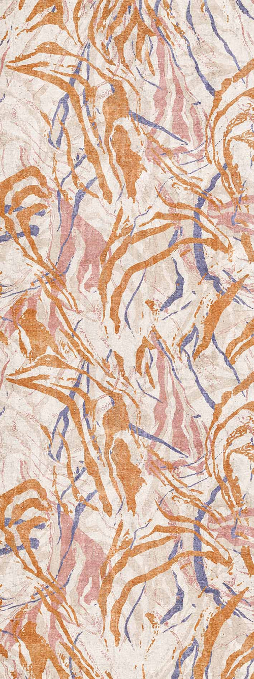 Load image 1 in gallery view. Cream rug with an abstract, multi-colored marbled pattern in shades of burnt orange, dusty pink, and slate blue.
