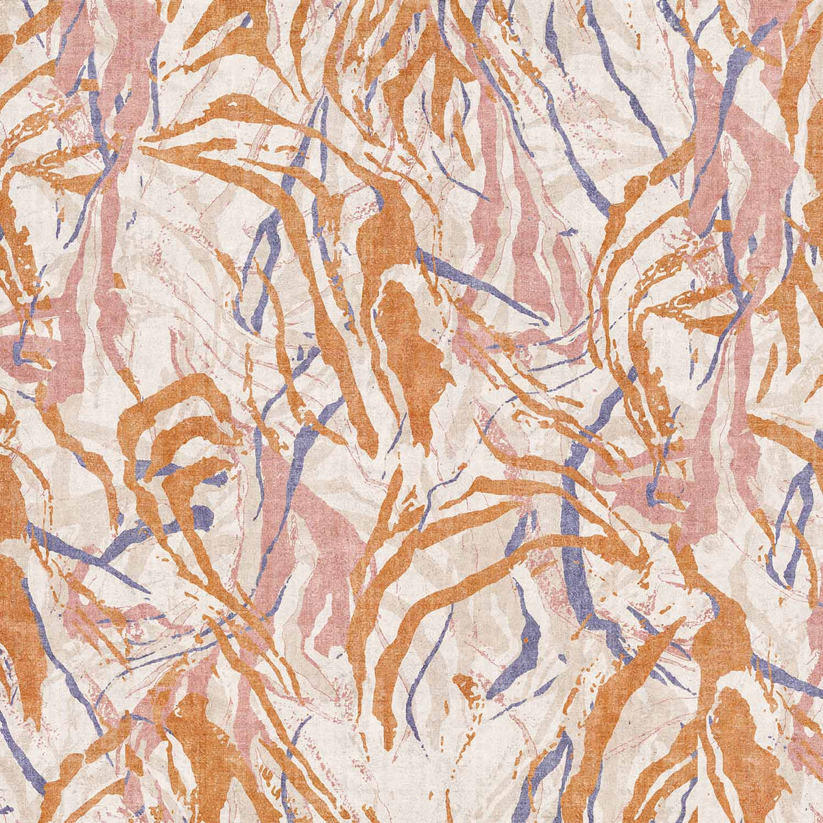 Abstract rug with an off-white background and layered, flowing organic shapes in burnt orange, dusty pink, and slate blue.