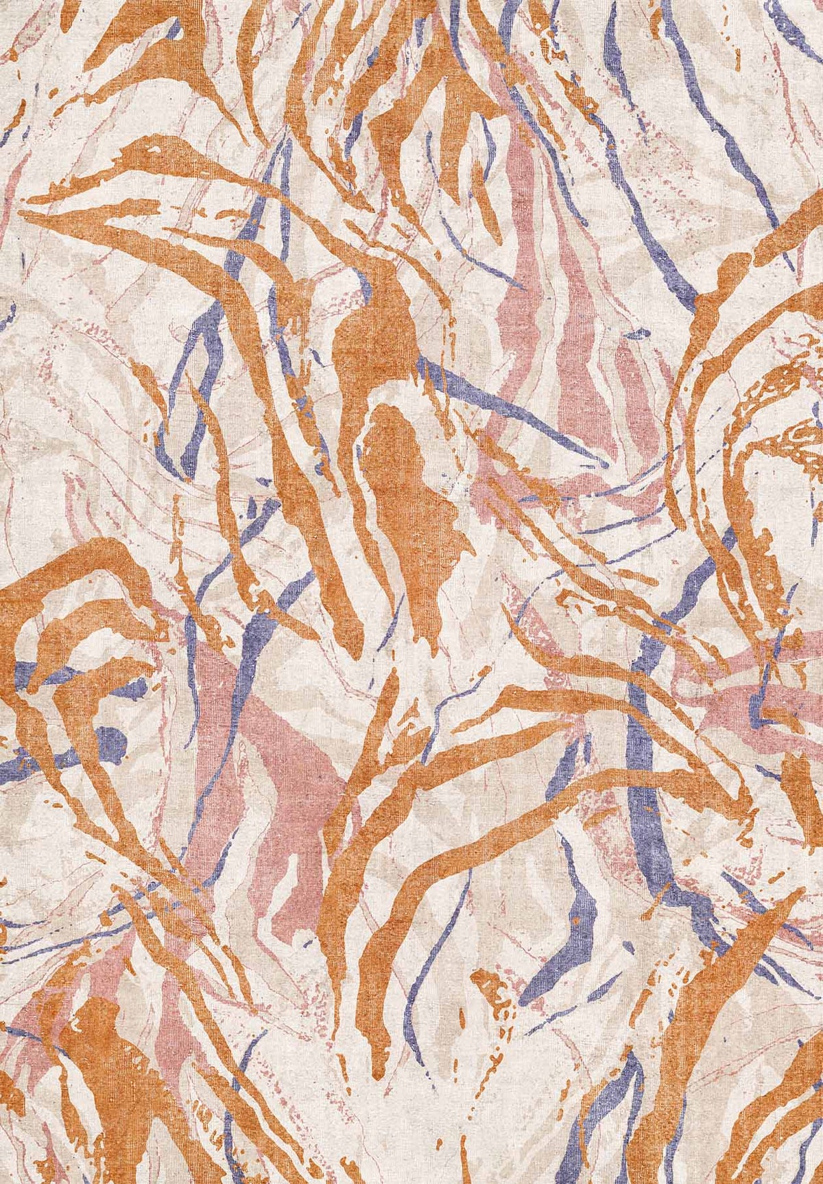 Cream rug with an abstract, marbled pattern in shades of burnt orange, dusty pink, and slate blue.