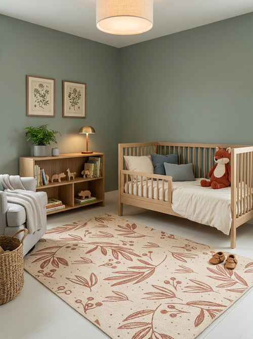 Bild 1 in Galerieansicht laden. Cream rug with a rust-colored botanical leaf and berry pattern, styled in a sage green nursery.