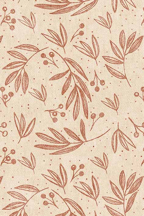 Cream rug with a repeating terracotta botanical pattern of leaves and berries on a textured background.