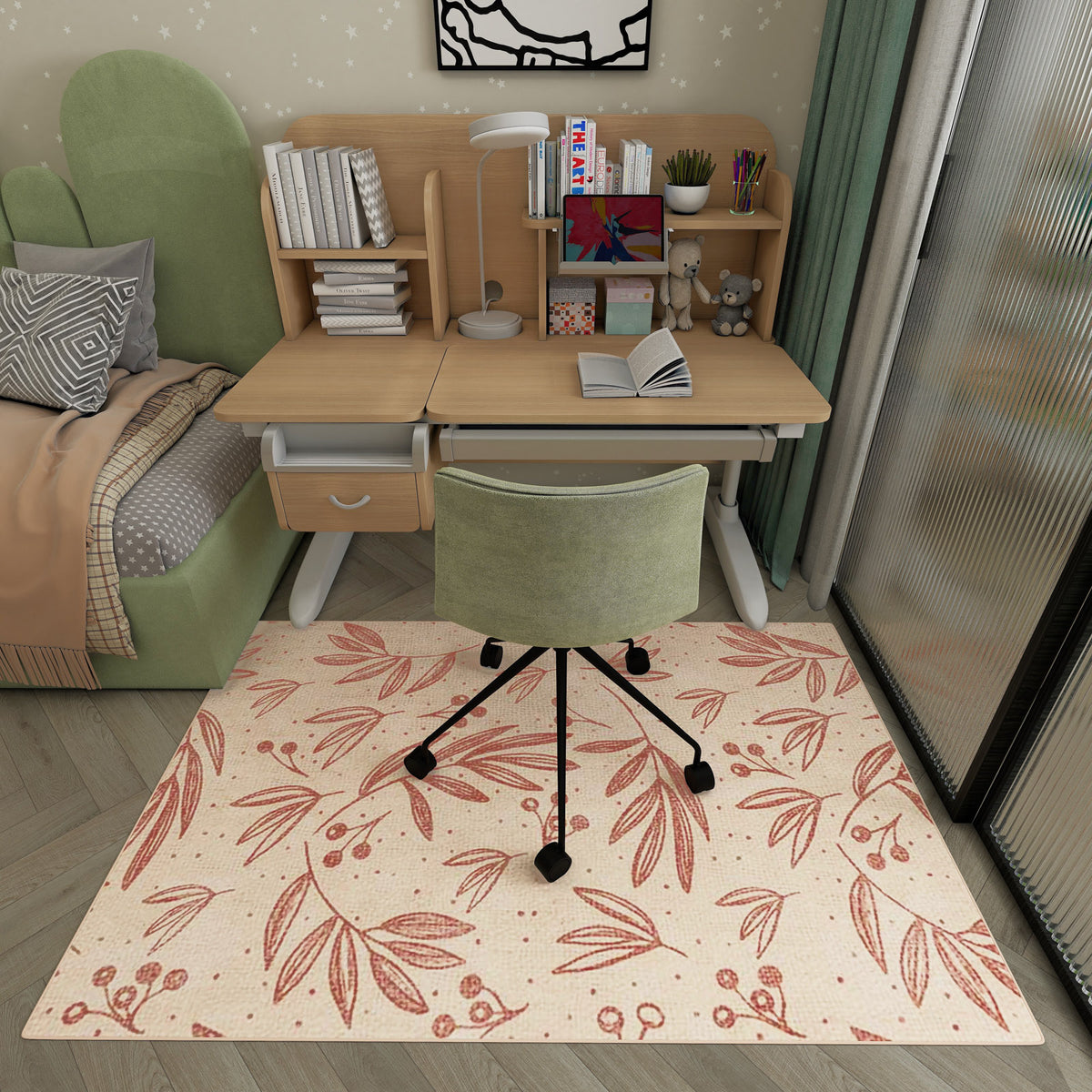 Cream rug with a rust-colored botanical leaf and berry pattern, styled in a child's bedroom.