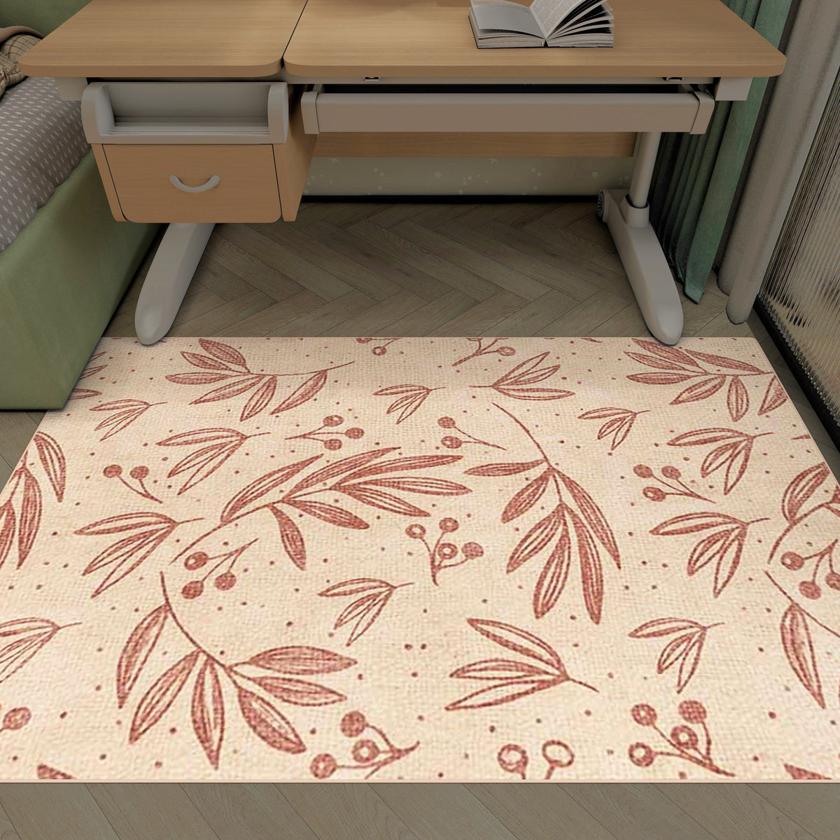 Beige rug with a red botanical leaf and berry pattern, styled under a wooden desk in a bedroom.