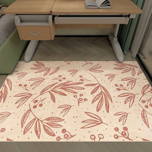 Bild 1 in Galerieansicht laden. Beige rug with a red botanical leaf and berry pattern, styled under a wooden desk in a bedroom.