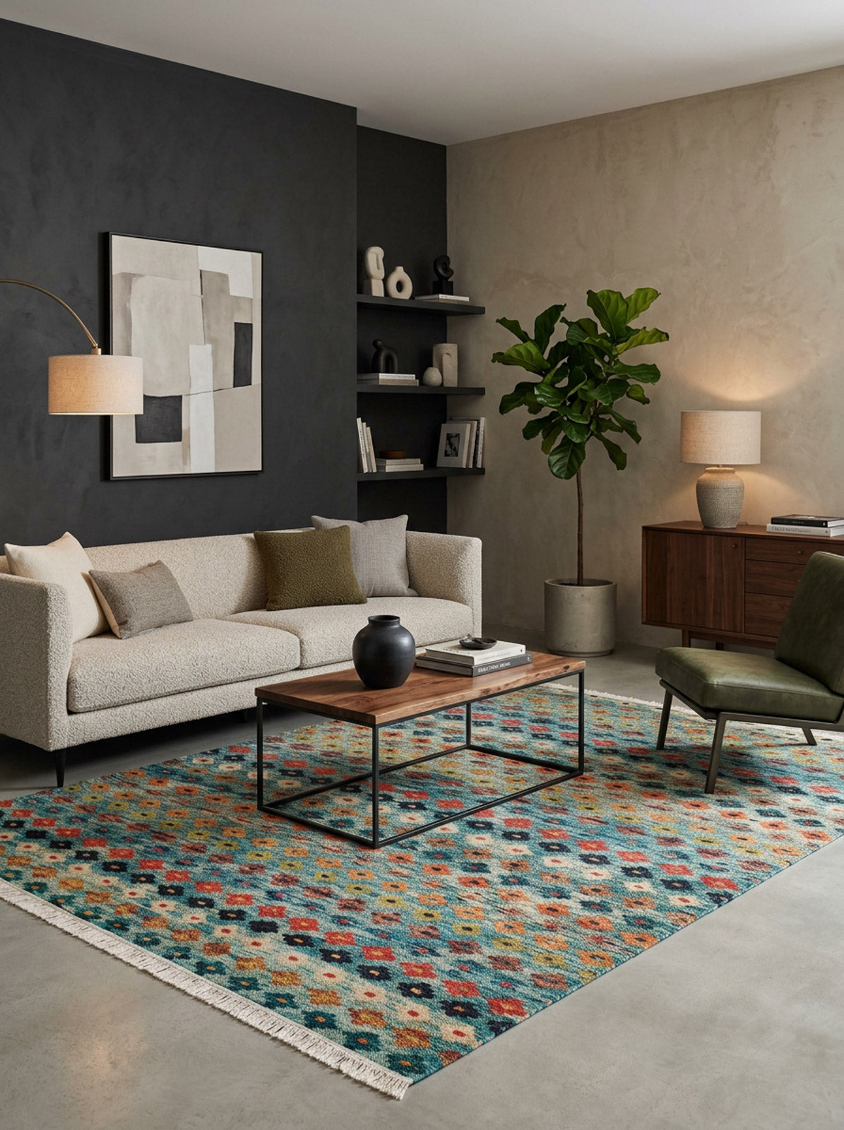 Teal rug with a multi-colored geometric floral pattern and fringe edges, styled in a modern living room.