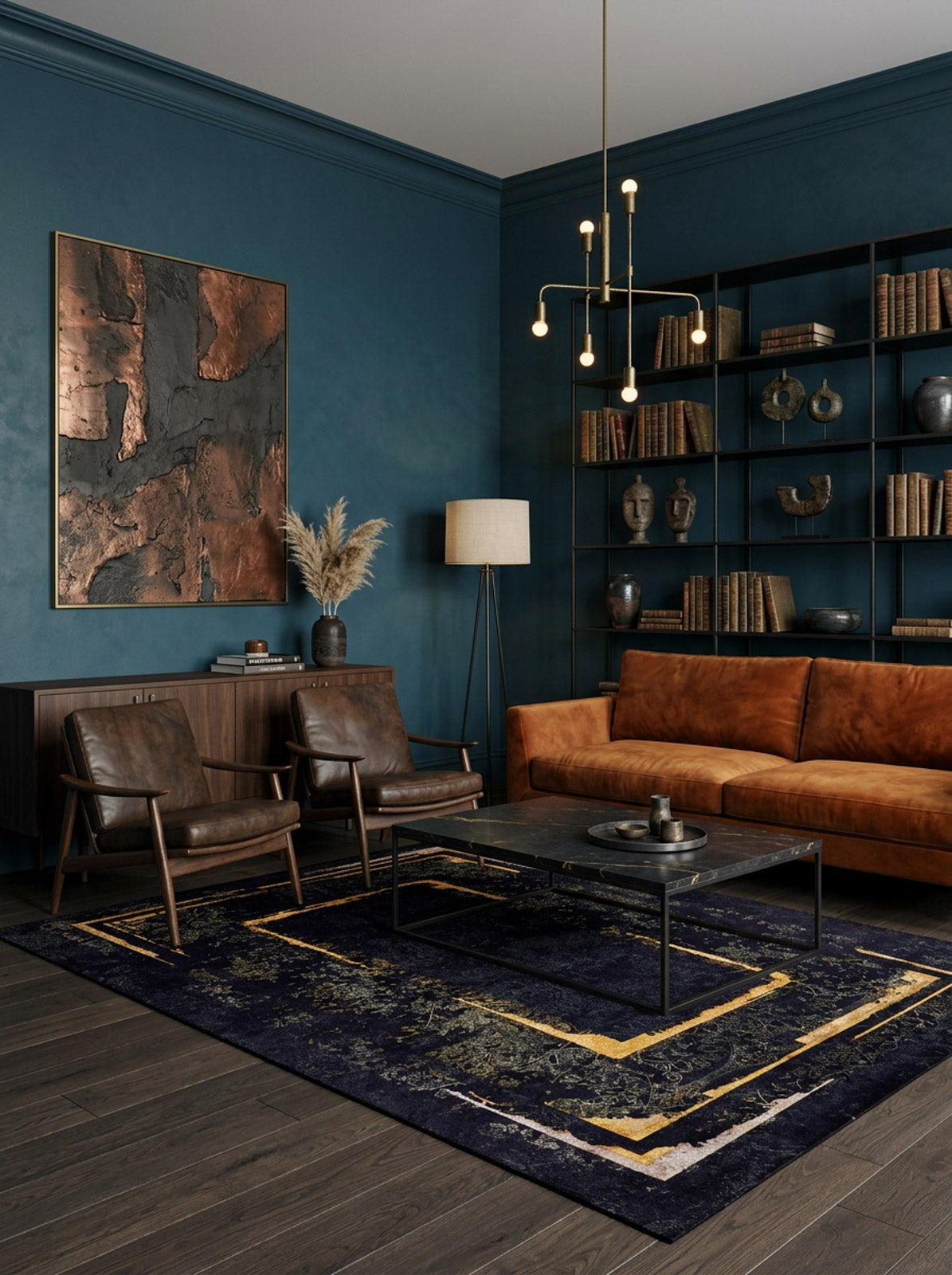 A modern living room with a rust sofa, two brown leather chairs, a black coffee table on the Azure Glow - Washable Rug - JR1337—ideal for high-traffic areas—dark bookshelves, a tall floor lamp, abstract wall art, and dark blue walls with decor.