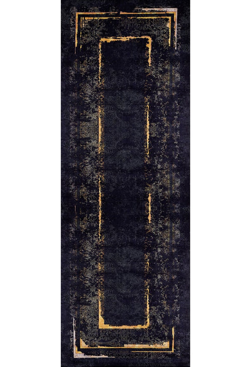 Load image 1 in gallery view. The Azure Glow - Washable Rug - JR1337 (Outlet) US is a black rug with a distressed finish, gold geometric borders forming two overlapping center rectangles, combining style and easy cleaning—perfect for high-traffic spaces.