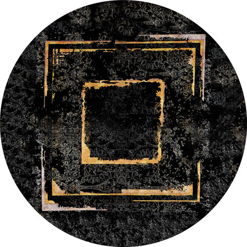 Load image 1 in gallery view. The Azure Glow - Washable Rug - JR1337 is a circular black rug with a distressed look, featuring two gold square frames and subtle floral patterns—durable for high-traffic spaces and conveniently washable.