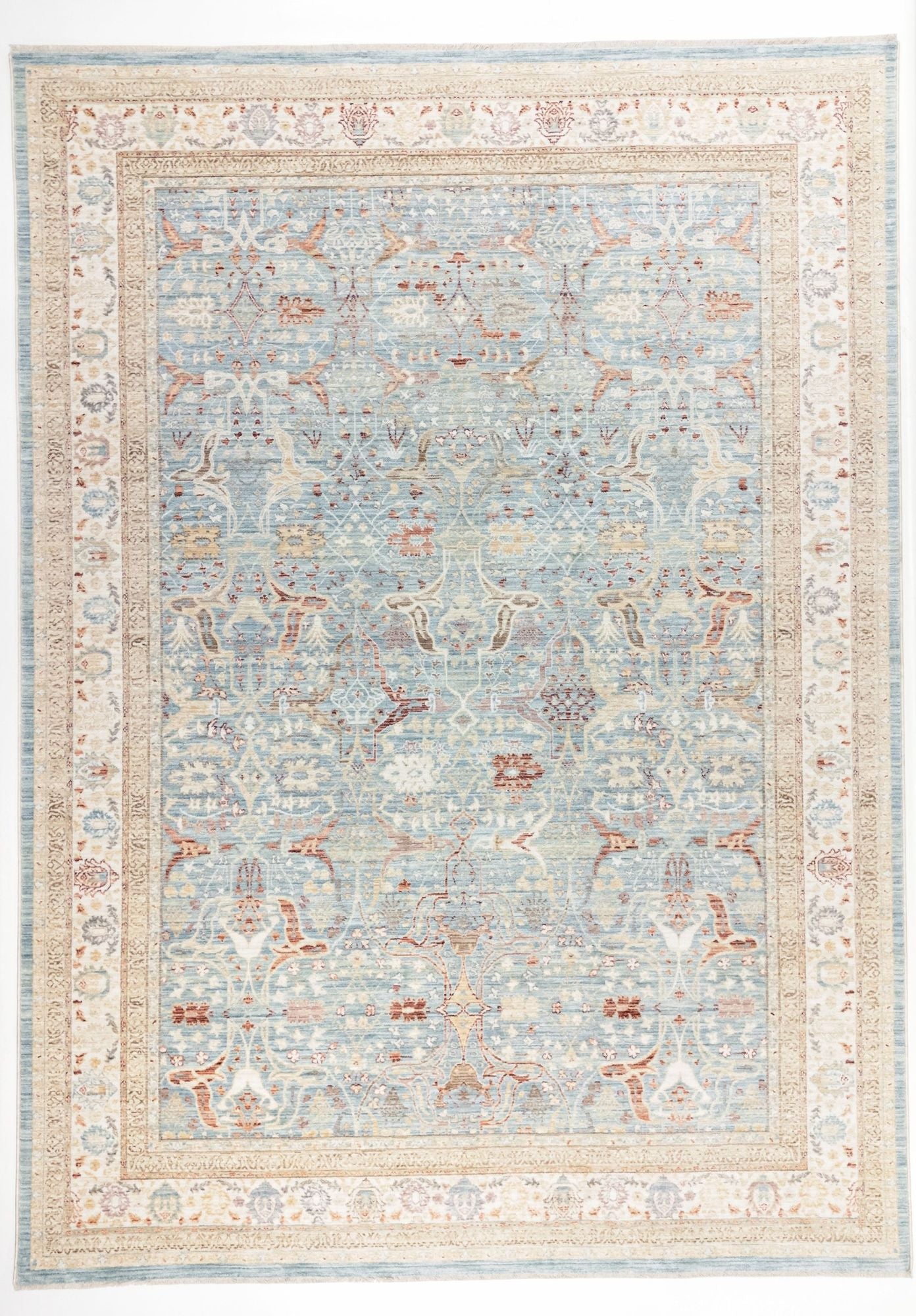 The Azure Oushak - Area Rug - APX2932 is a rectangular vintage rug with a detailed, symmetrical pattern in light blue, beige, and soft red tones, featuring intricate borders and floral motifs throughout.