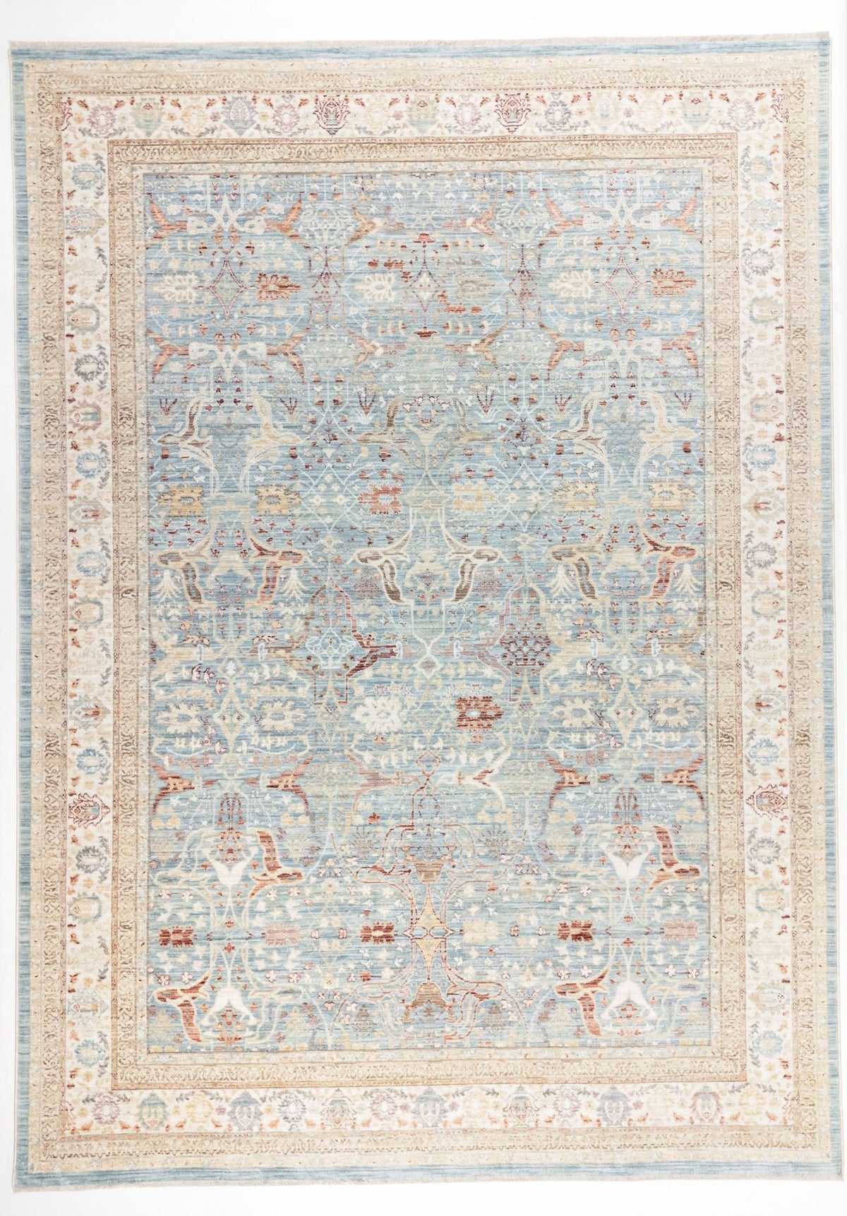 The Azure Oushak - Area Rug - APX2932 is a rectangular vintage rug with a detailed, symmetrical pattern in light blue, beige, and soft red tones, featuring intricate borders and floral motifs throughout.