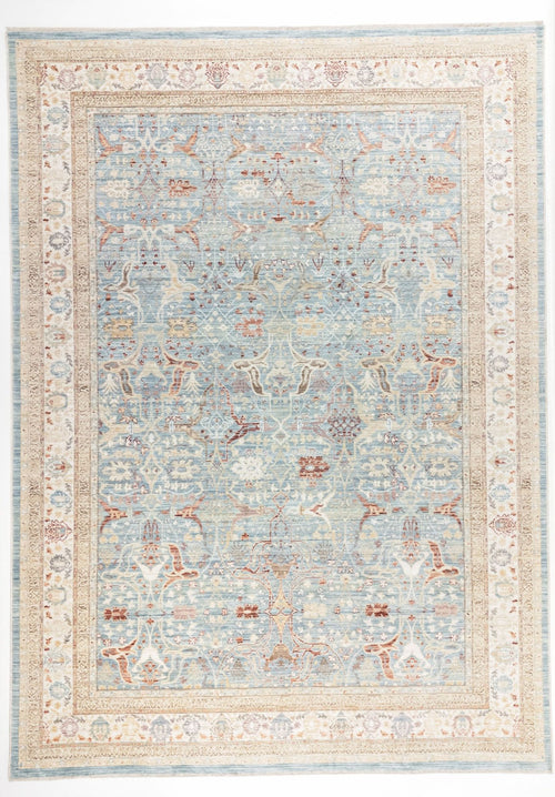 Load image 1 in gallery view. The Azure Oushak - Area Rug - APX2932 is a rectangular vintage rug with a detailed, symmetrical pattern in light blue, beige, and soft red tones, featuring intricate borders and floral motifs throughout.
