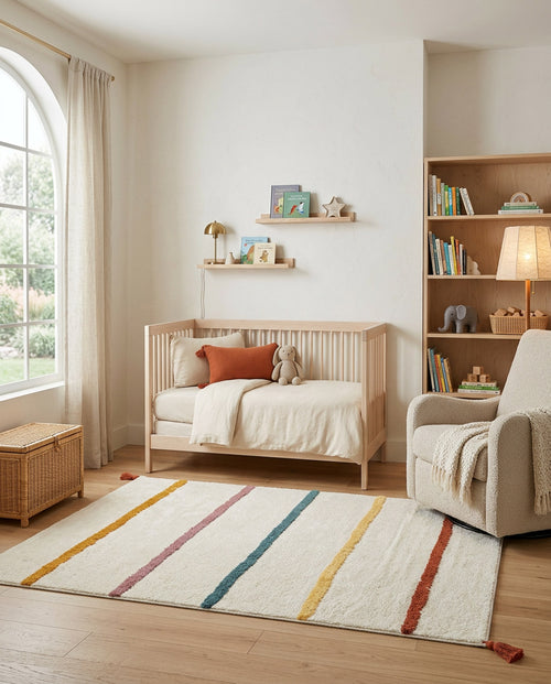 Load image 1 in gallery view. Cream rug with multicolored vertical stripes and corner tassels, styled in a nursery.