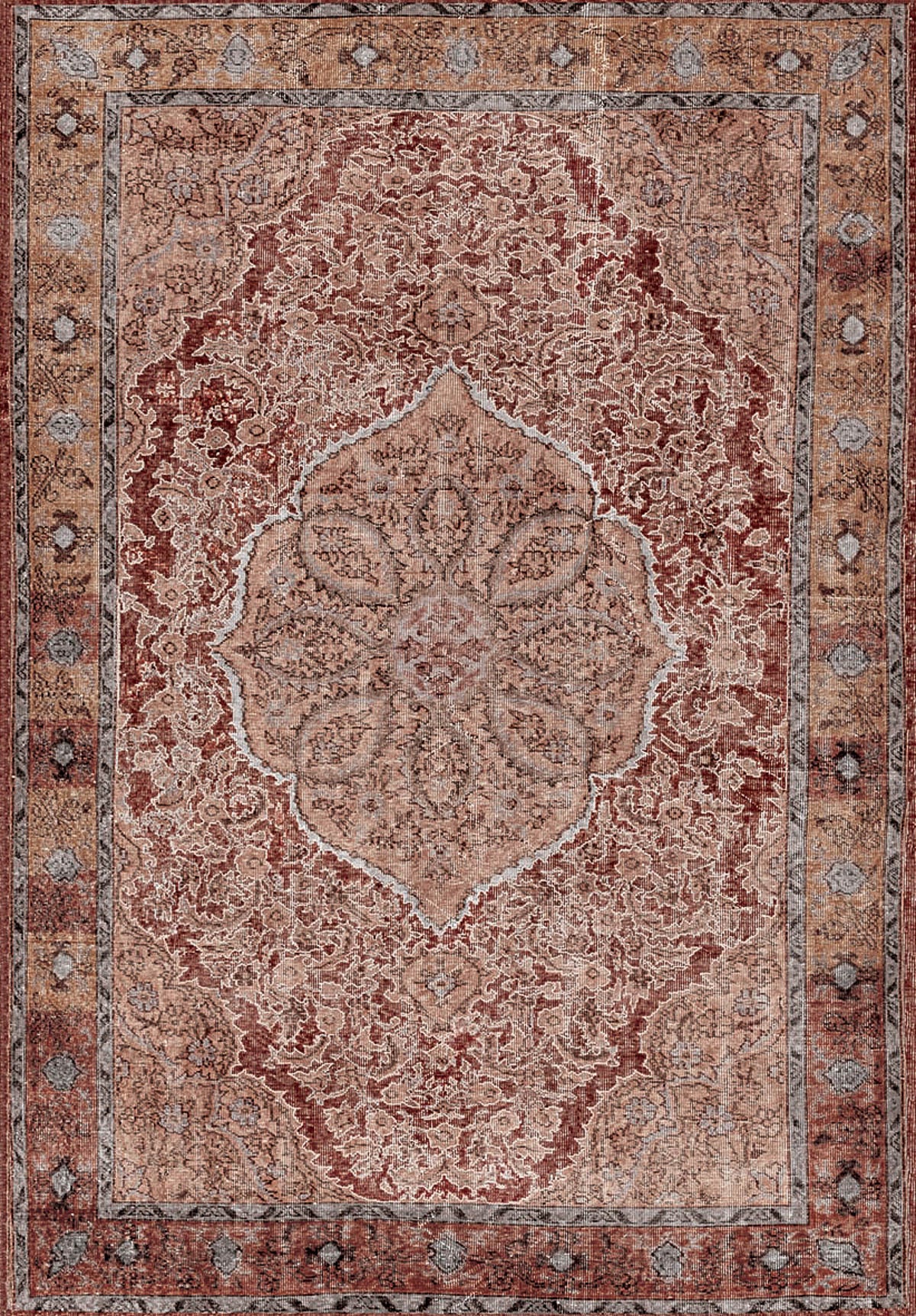 The Baroque Charm - Washable Rug (JRN1016) features a vintage medallion design with detailed florals, vines, and geometric borders in brown, beige, and rust red tones.