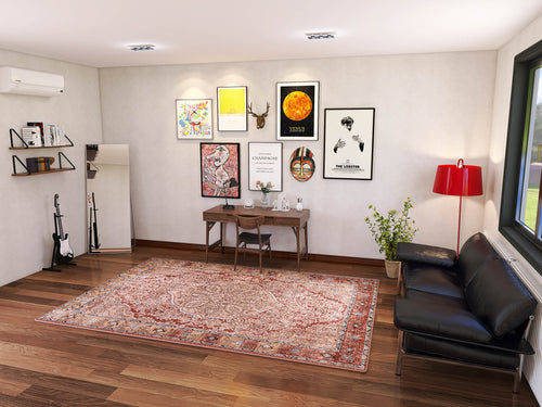 Load image 1 in gallery view. A stylish home office with a wall desk, black leather sofa, red lamp, framed art, guitar, plants, and floor mirror is brightened by natural light. The Baroque Charm - Washable Rug - JRN1016 adds vintage-inspired elegance to the space.